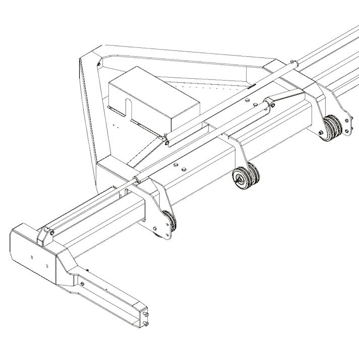 Black and white technical line drawing of a mechanical assembly with beams, brackets, rollers, and a rectangular box component, viewed from an angled perspective.